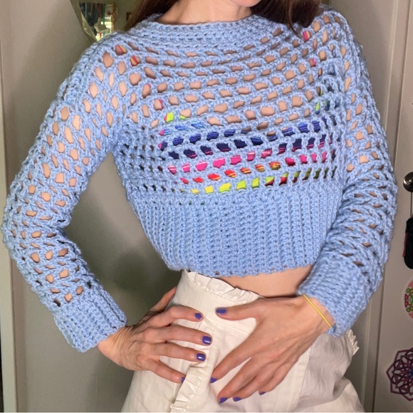 Sold 9/4/24 live Baby Blue Hand Crochet Cropped Sweater Top - Picture 2 of 7